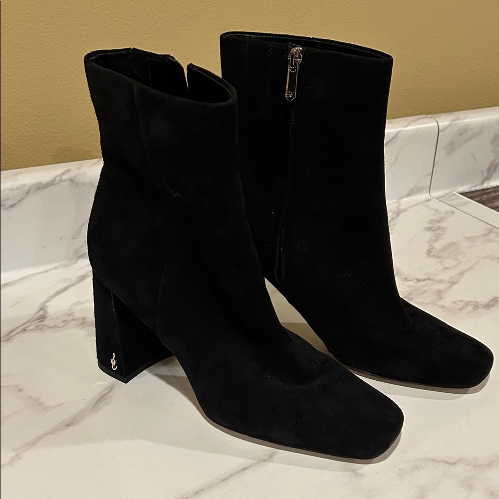 Sam Edelman Black Suede Mid-Calf Block Heel Ankle Boots